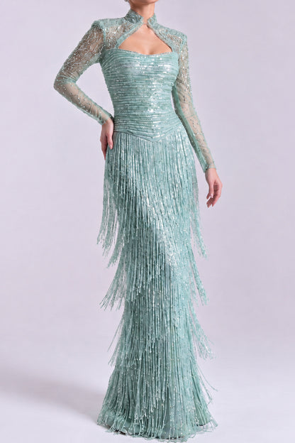 Beaded Fringe Long Sleeve Evening Gown