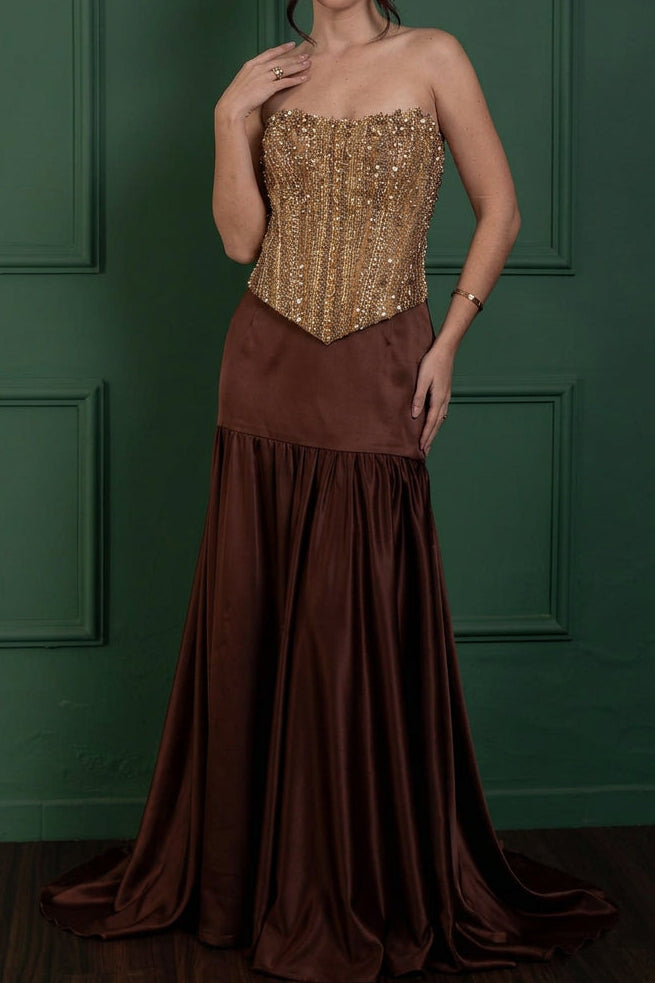 Beaded Corset Drop-Waist Satin Evening Gown