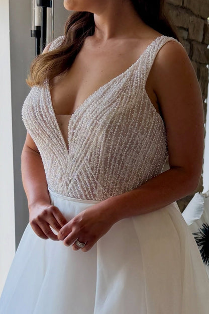 Beaded Bodice A-Line Wedding Dress with Satin Skirt