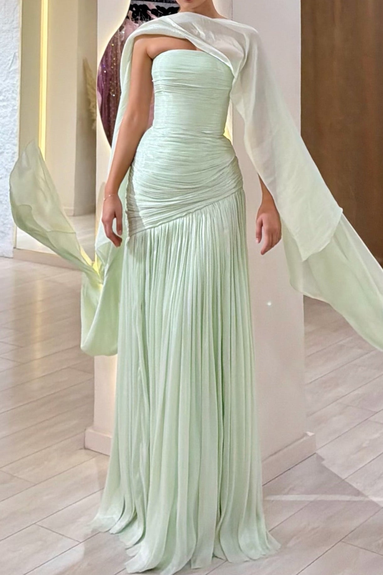 Strapless Ruched Pleated Gown with Detachable Cape