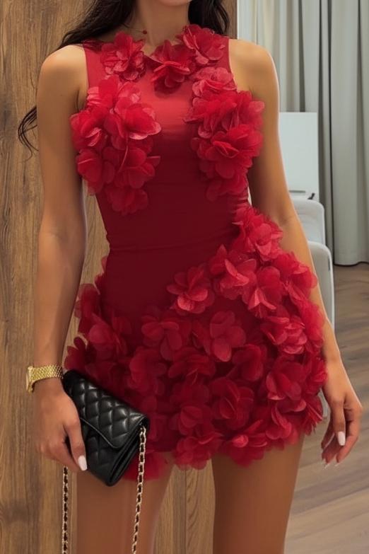 Sleeveless Mini Dress with 3D Flower Appliques