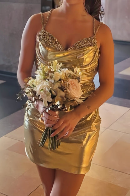 Metallic Cowl Neck Open Back Mini Dress