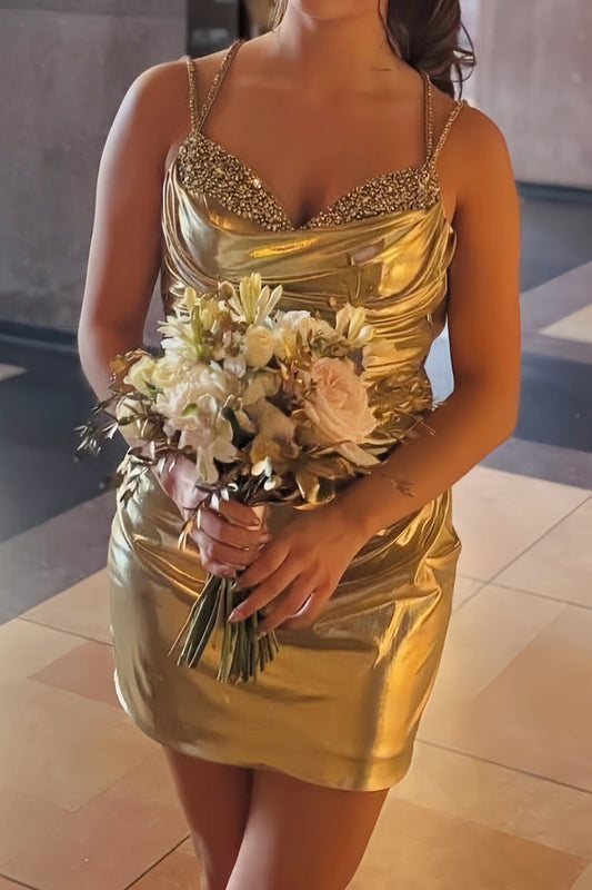 Metallic Cowl Neck Open Back Mini Dress