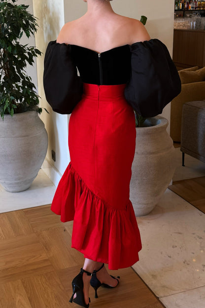 Off-the-Shoulder Puff Sleeve Flounce Midi Dress