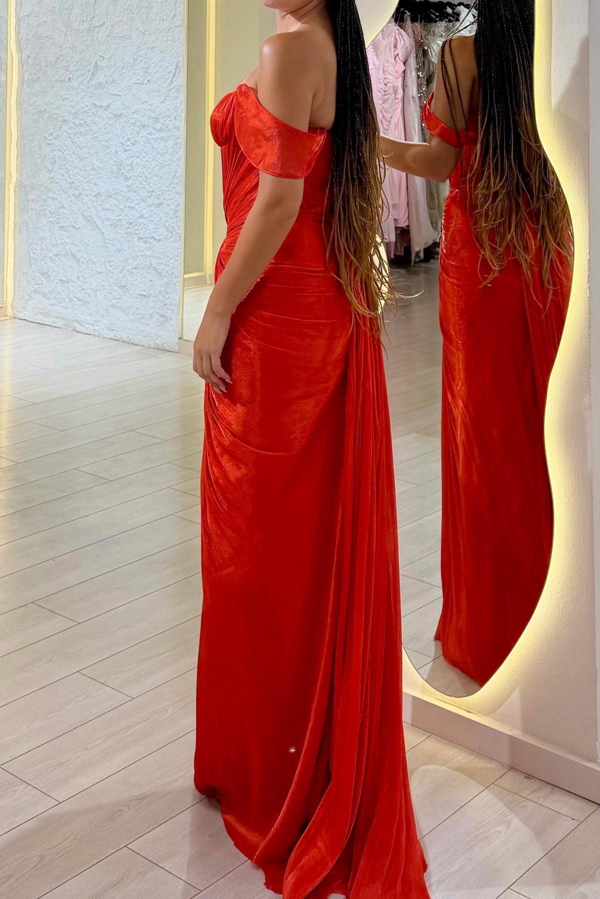 Pleated Off-the-Shoulder Gown with High Slit