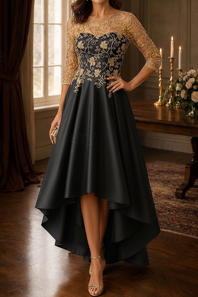 High-Low Satin Gown with Gold Embroidered Illusion Bodice