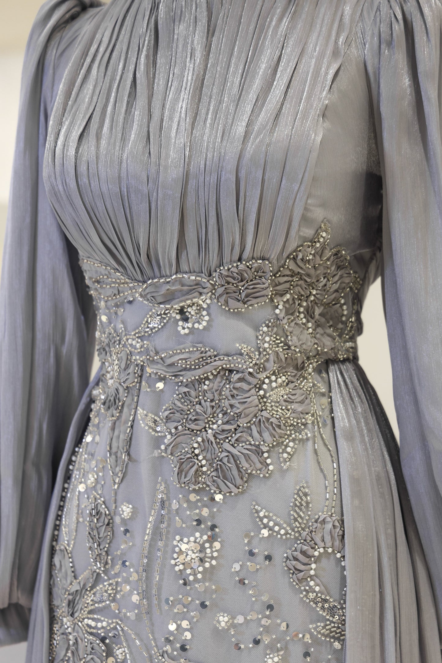 Long-Sleeve High-Neck Evening Gown with Floral Beaded Skirt