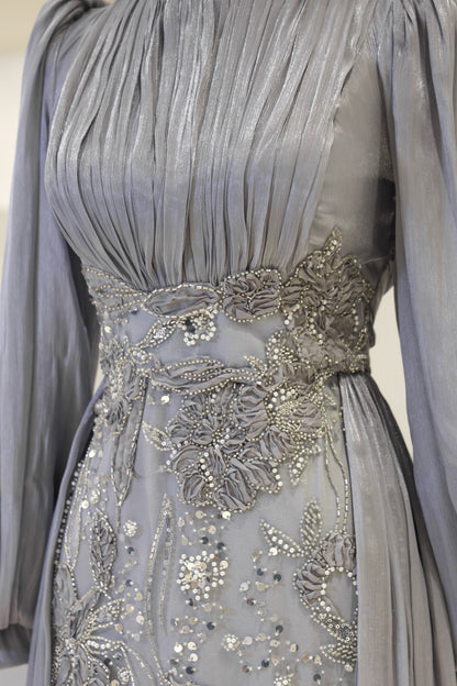 Long-Sleeve High-Neck Evening Gown with Floral Beaded Skirt