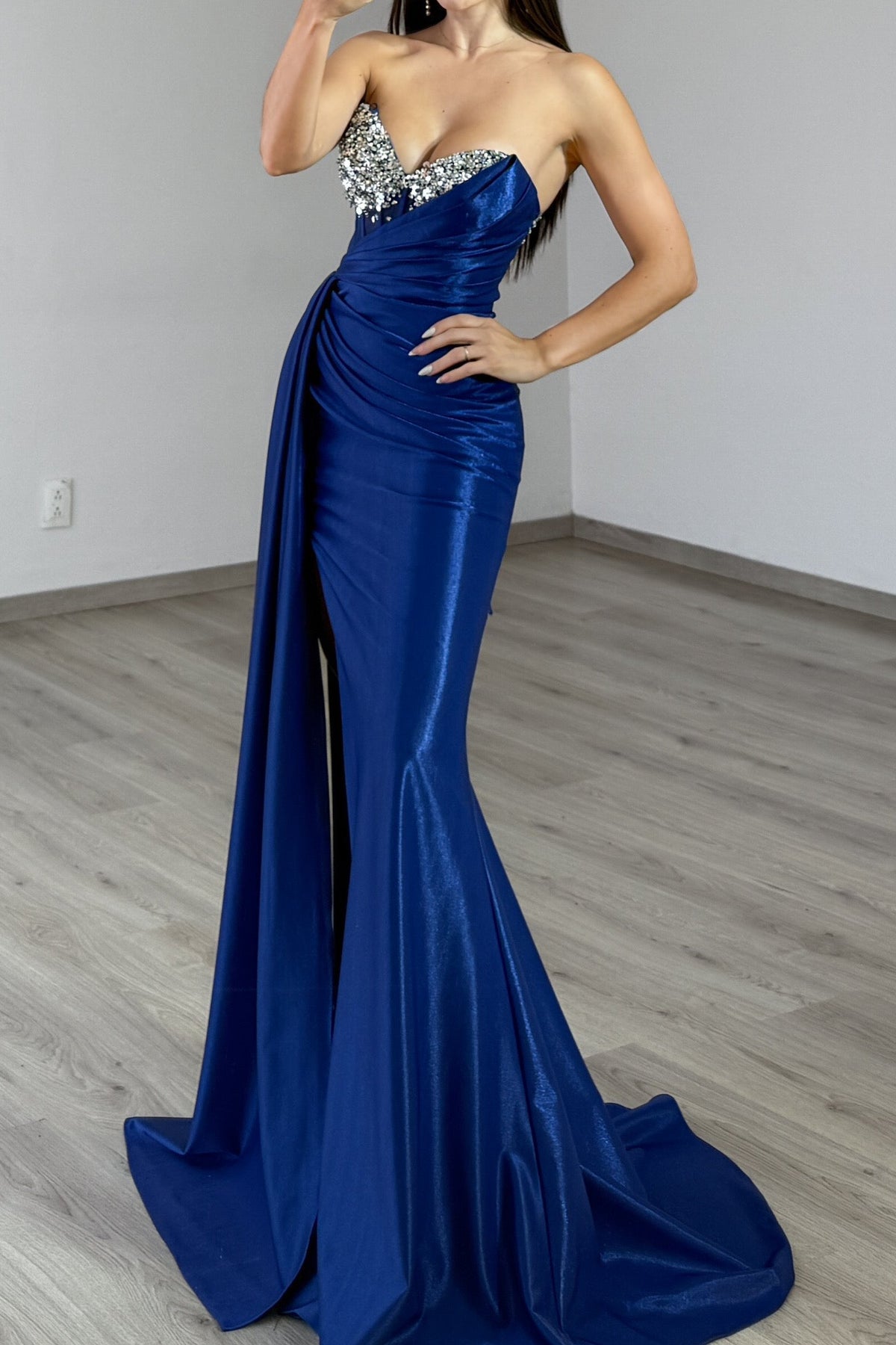 Strapless Crystal Corset Gown with Thigh Slit