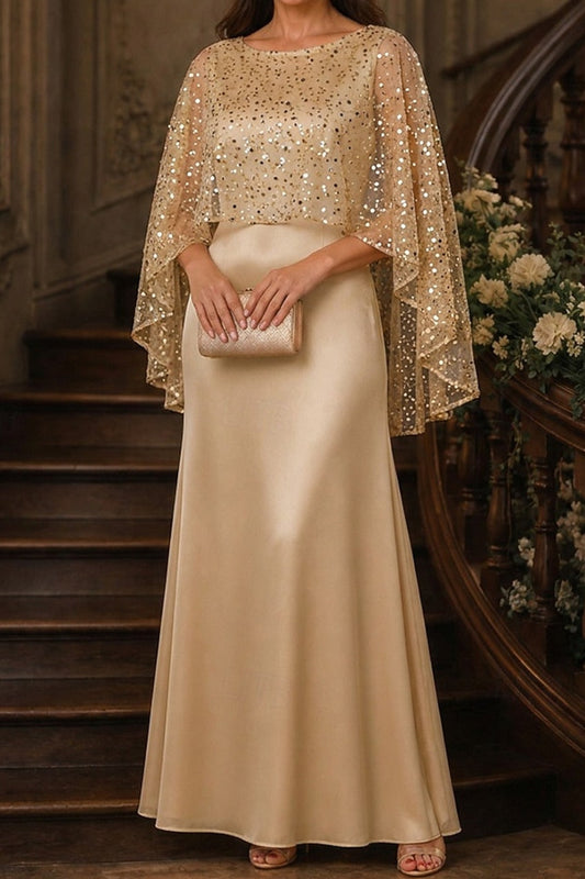Sequin Capelet Overlay Evening Gown