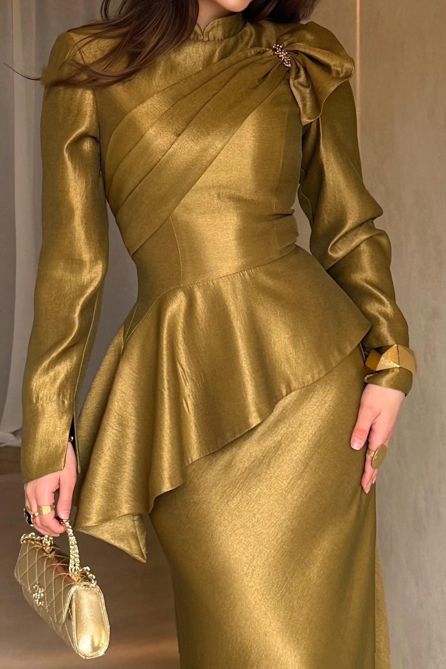 Asymmetrical High Neck Metallic Evening Gown