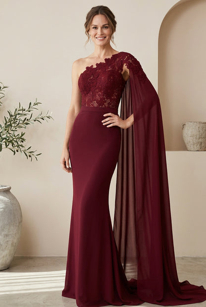 One-Shoulder Lace Bodice Gown with Cape