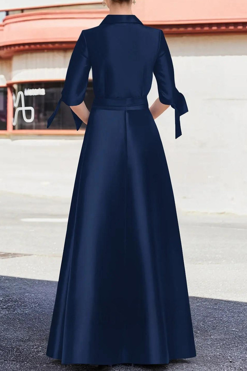 Elbow Sleeve Shirt Collar A-Line Maxi Dress with Sash