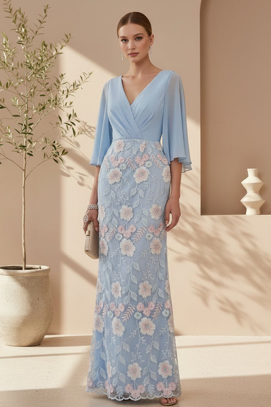 Elegant Floral Embroidered Lace Column Gown