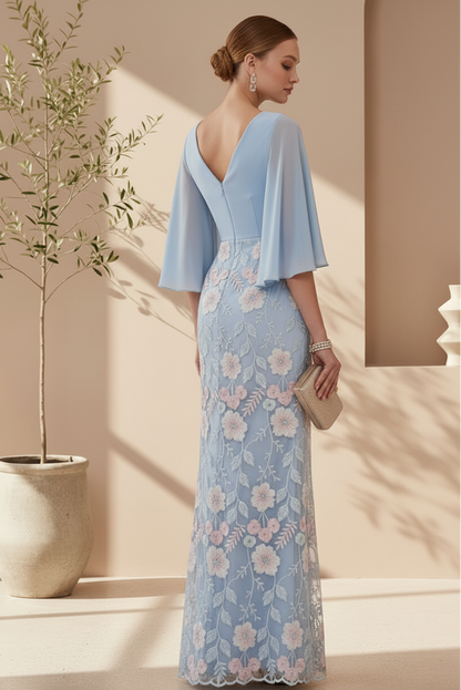Elegant Floral Embroidered Lace Column Gown