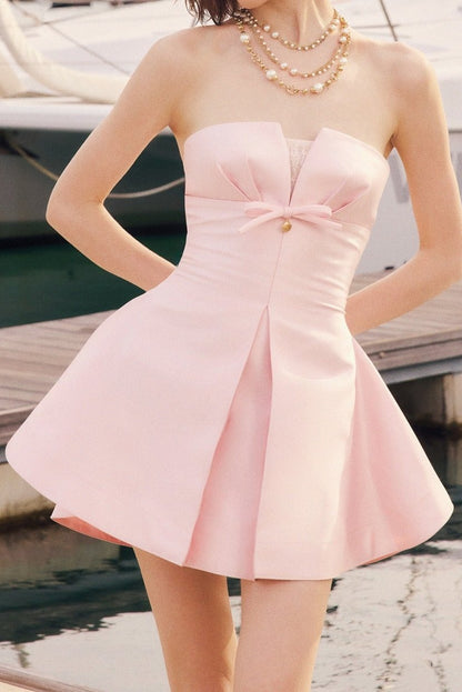 Strapless Bow-Accent Pleated Mini Dress