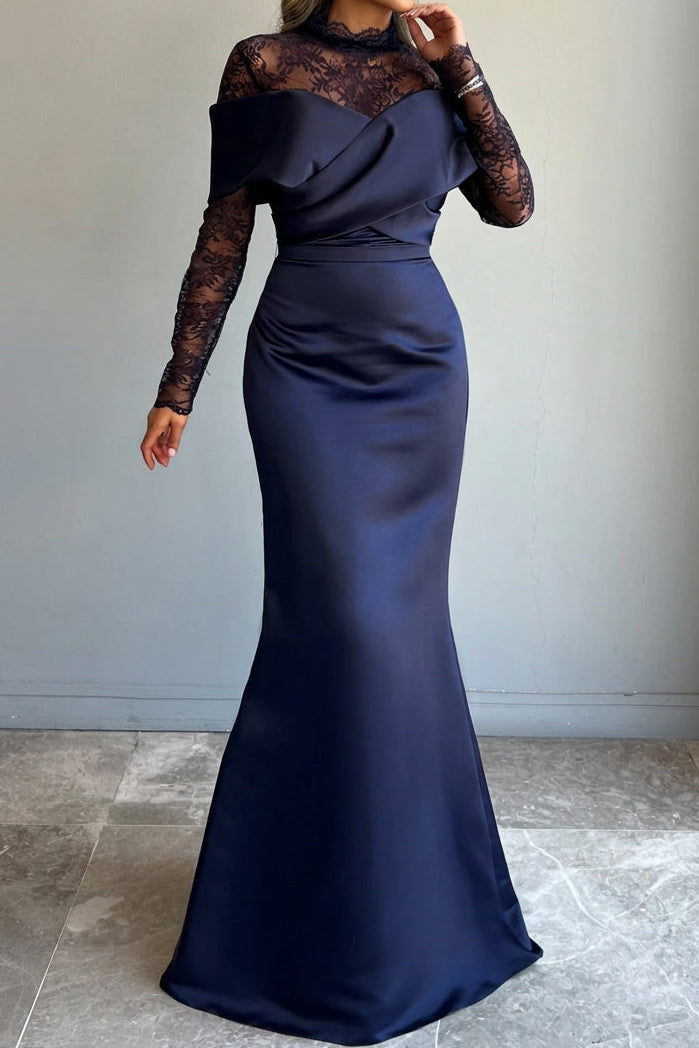 Lace Mock Neck Satin Mermaid Gown