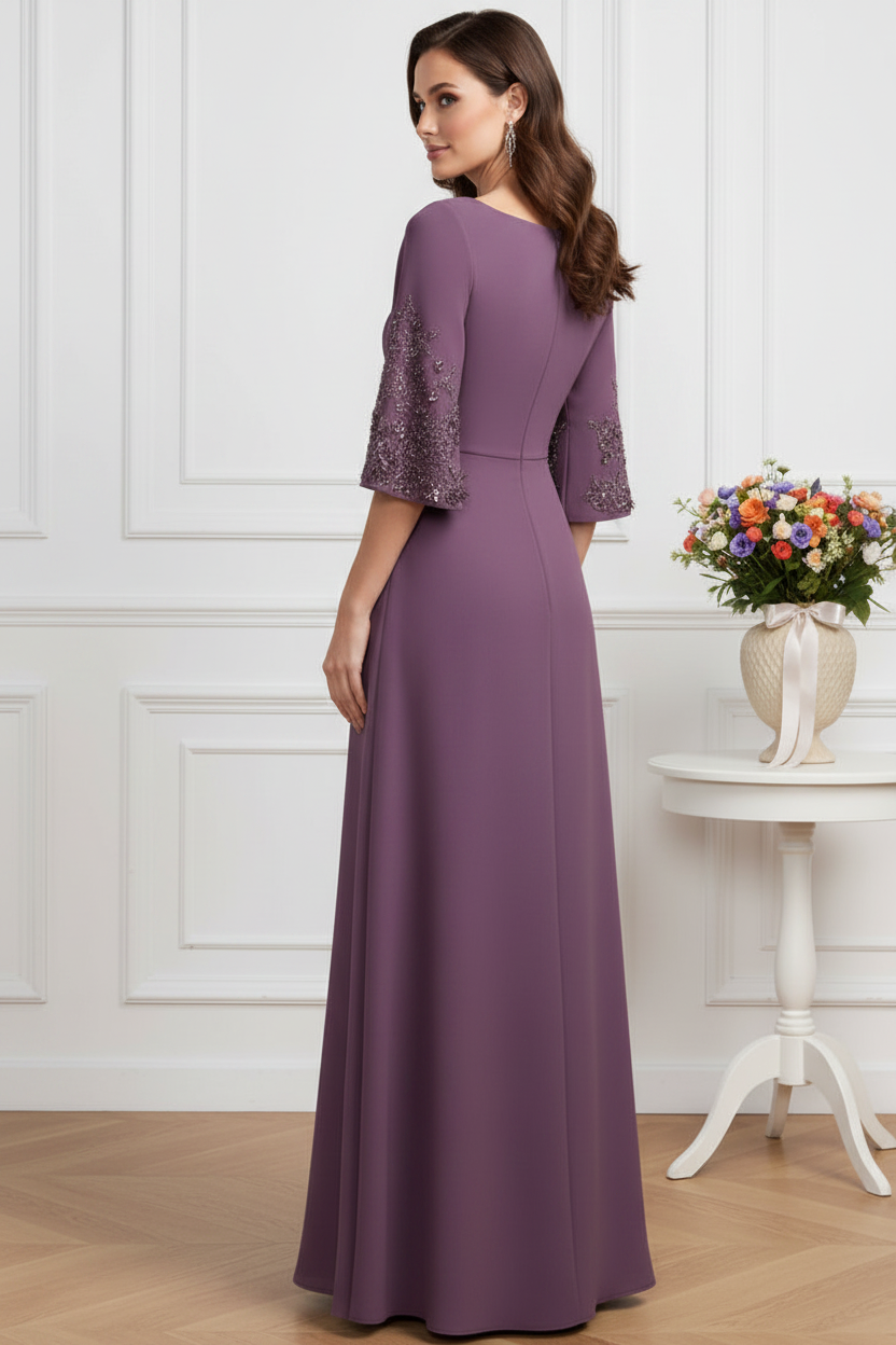 Square Neck A-Line Gown with Embellished Sleeves