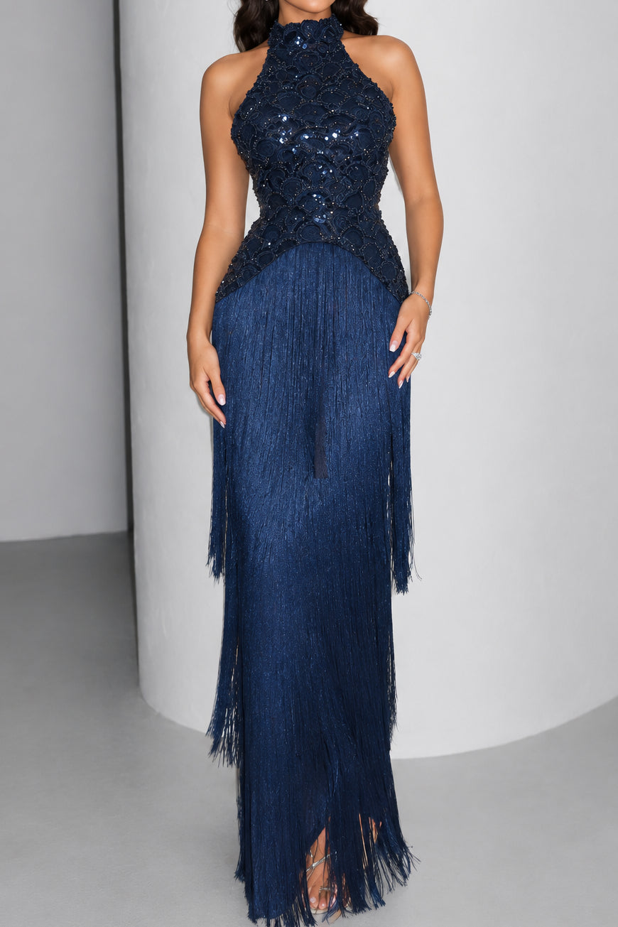 Halter Sequin Fringe Maxi Dress