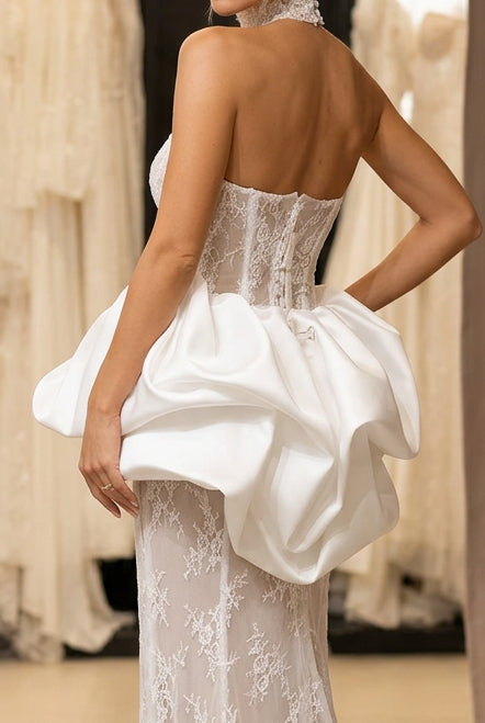 Halter Lace Wedding Dress with Bubble Peplum