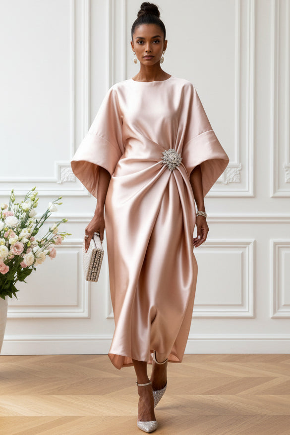 Elegant Draped Satin Midi Dress with Brooch