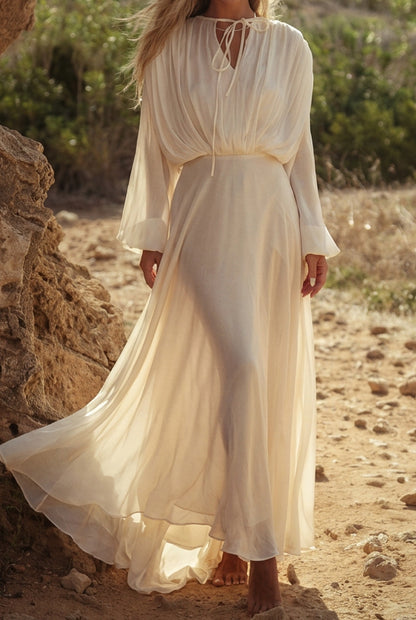 Tie-Neck Maxi Dress with Bishop Sleeves