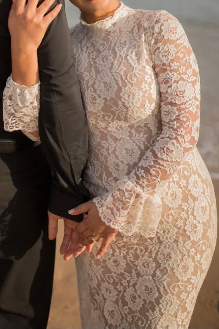 High Neck Lace Midi Wedding Dress with Keyhole Back