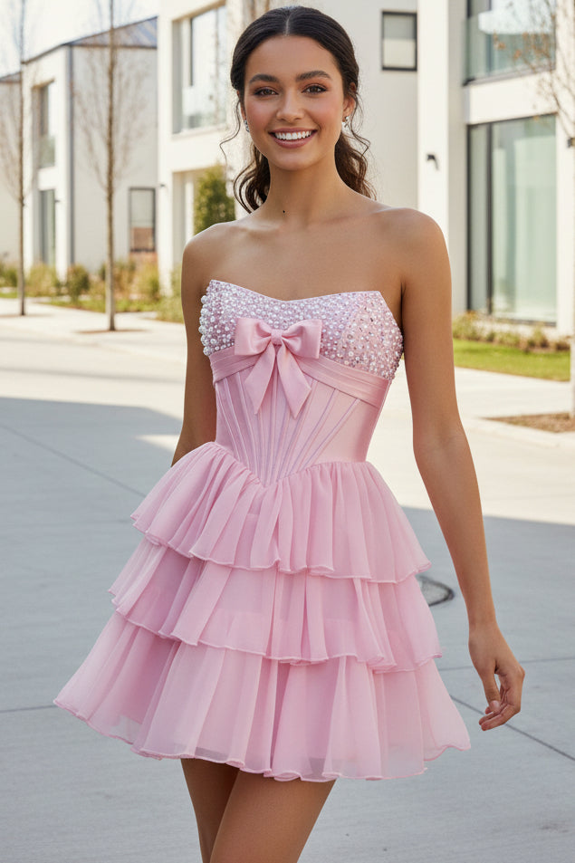Strapless Pearl Corset Tiered Mini Dress