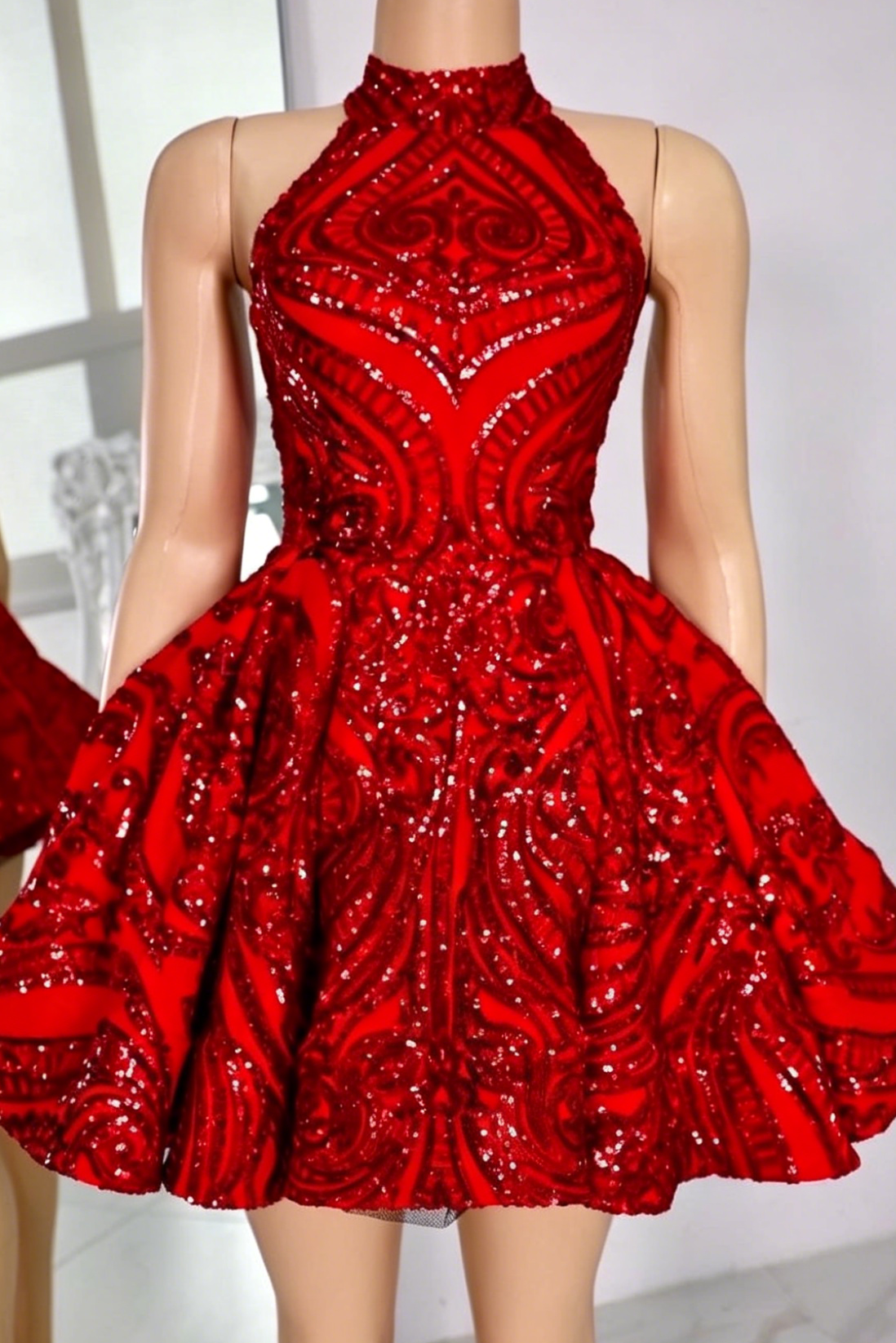 High Neck Sequined Halter A-Line Mini Dress