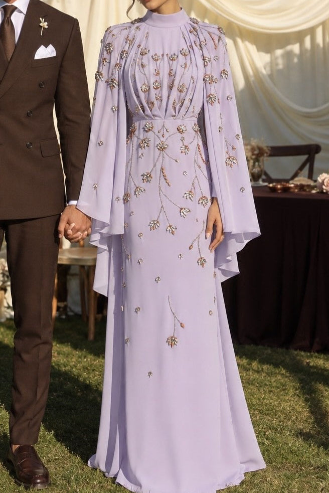 High Neck Embellished Gown with Cape Sleeves