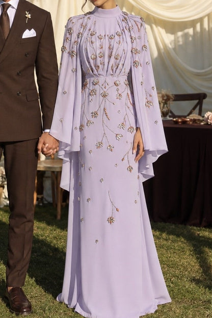 High Neck Embellished Gown with Cape Sleeves