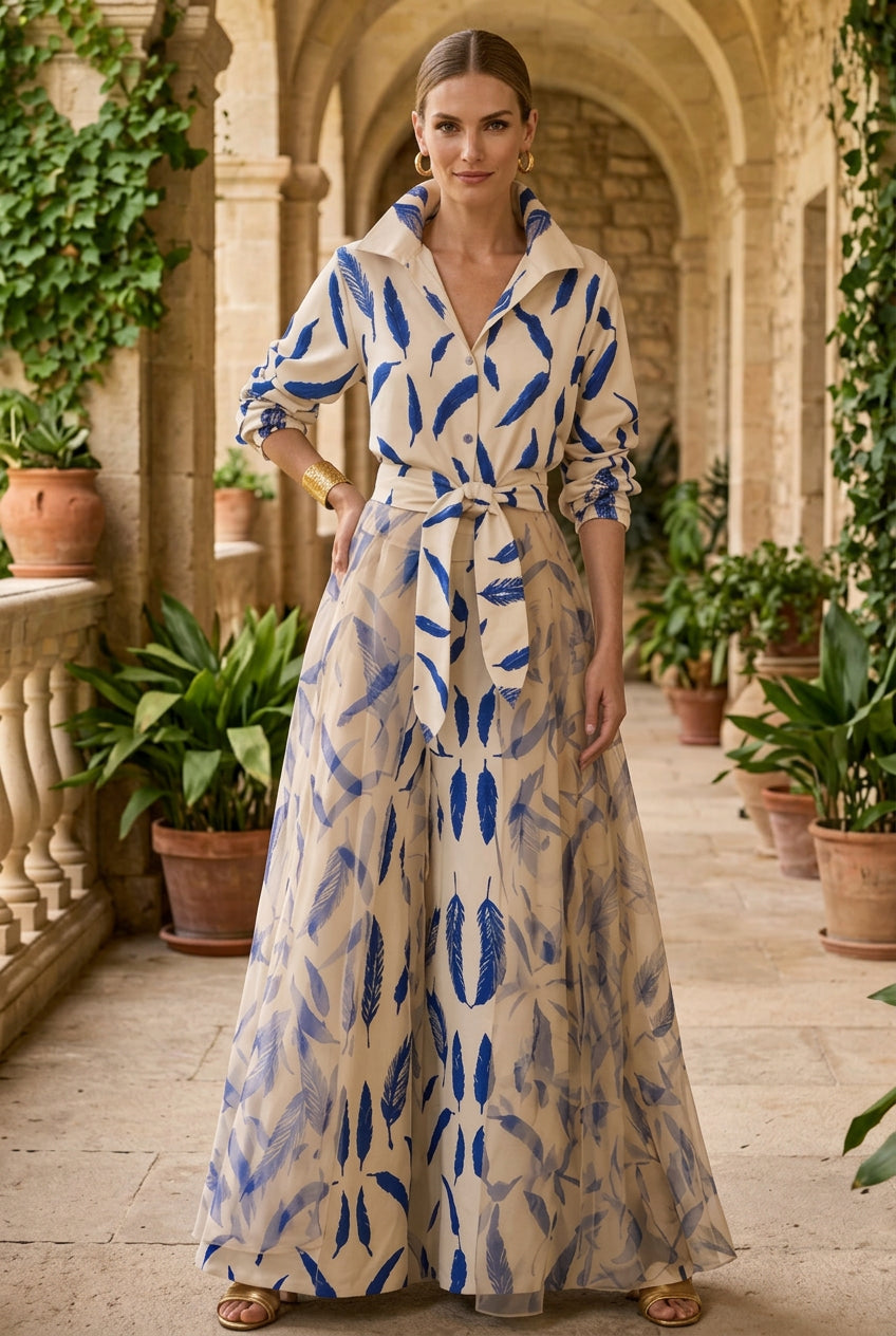 Feather Print Collared Jumpsuit with Tulle Overlay