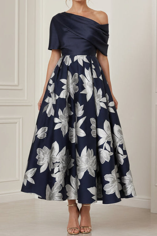 Asymmetric Neckline Floral Pleated Midi Dress