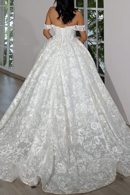 Off-the-Shoulder Lace Corset Ball Gown Wedding Dress