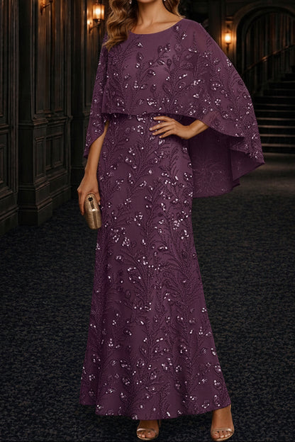 Sequin Botanical Capelet Overlay Evening Gown