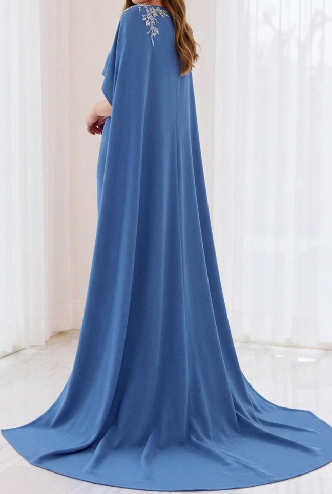 Cape Evening Gown with Beaded Shoulder Details