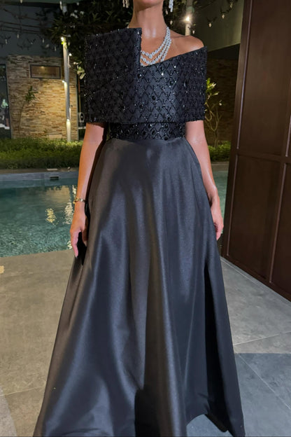 Beaded Bodice A-Line Evening Gown with Cape Overlay