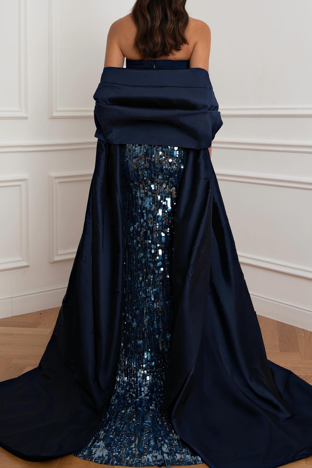 Strapless Sequin Evening Gown with Overskirt