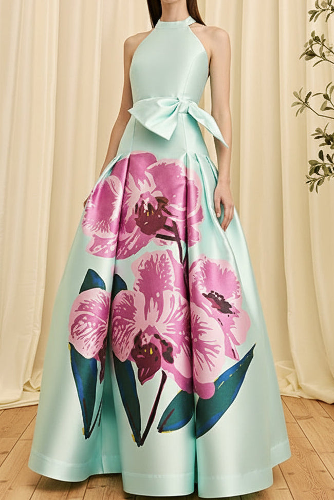 Floral Print Halter Satin Ball Gown with Bow