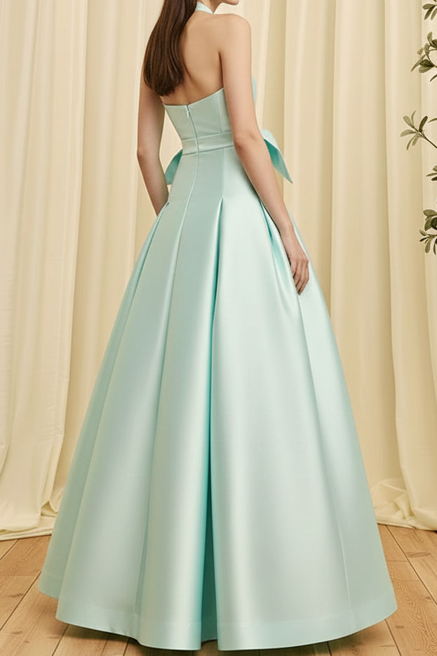 Floral Print Halter Satin Ball Gown with Bow