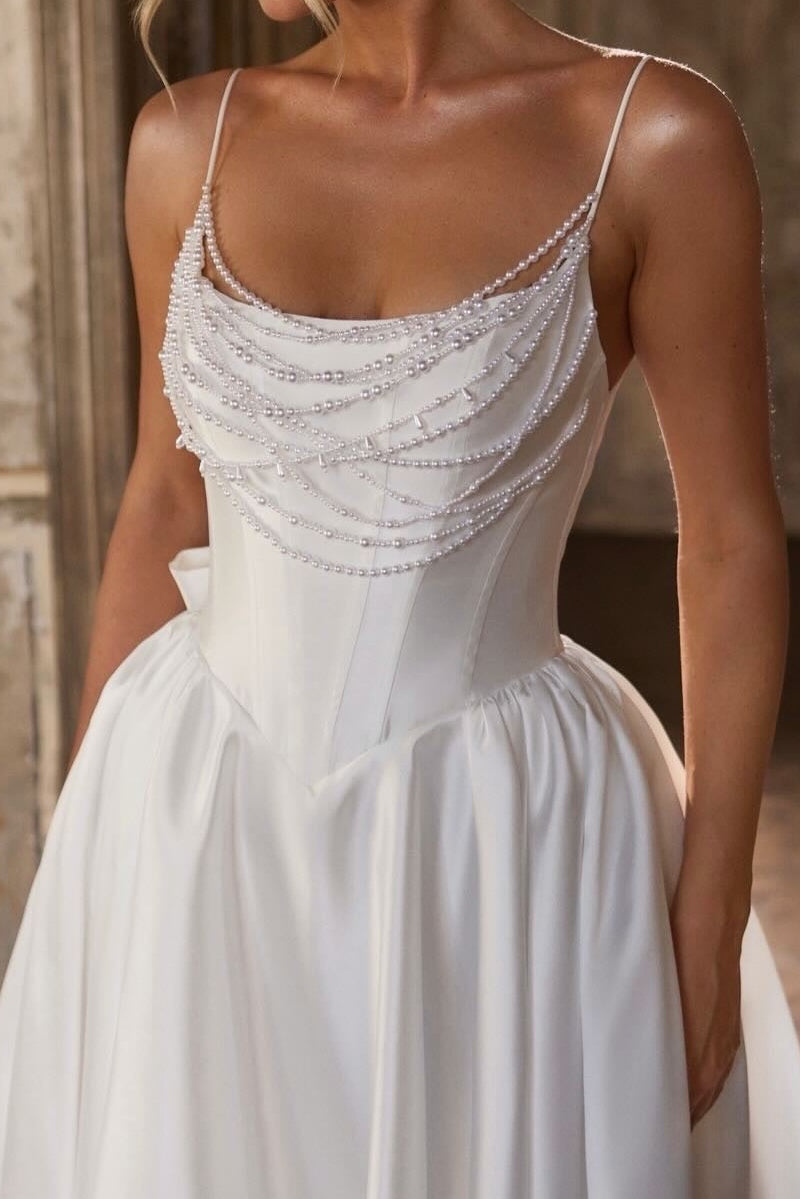 Beaded Draped Bodice Satin Ball Gown Wedding Dress