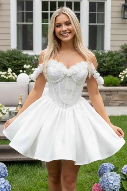 Off-Shoulder 3D Floral Corset Mini Dress, Full Satin Skirt