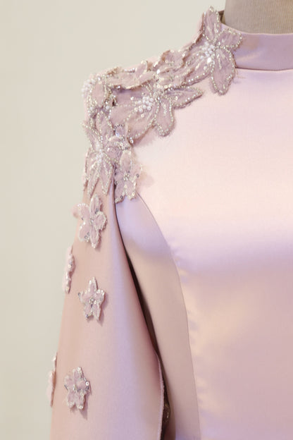 High-Neck Long-Sleeve Evening Gown with Floral Cape