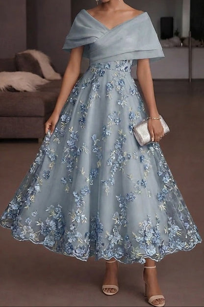 Off-Shoulder 3D Floral Tea-Length Evening Dress