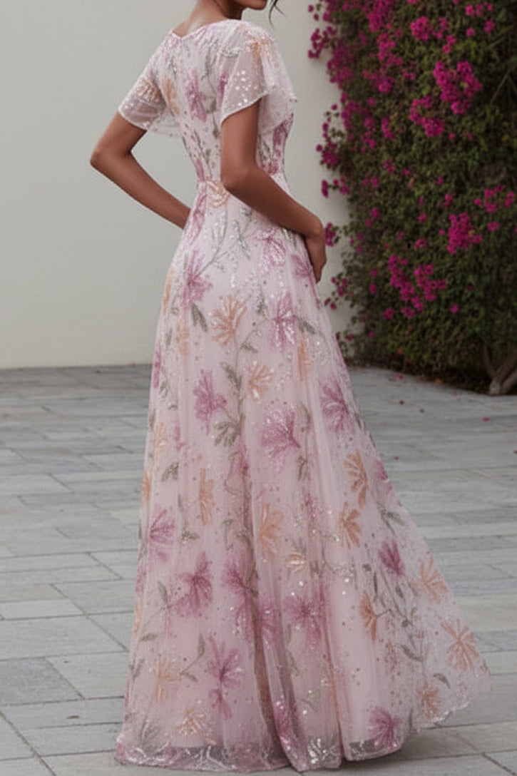 Floral Embroidered A-Line Gown with Flutter Sleeves