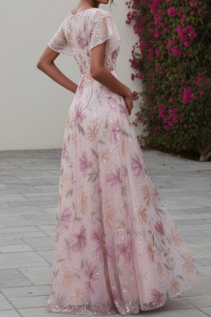 Floral Embroidered A-Line Gown with Flutter Sleeves