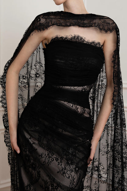 Strapless Lace Evening Gown with Cape