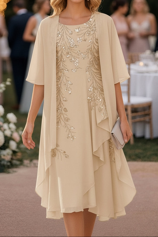 Sequin Embroidered Chiffon Dress with Cape Jacket Set