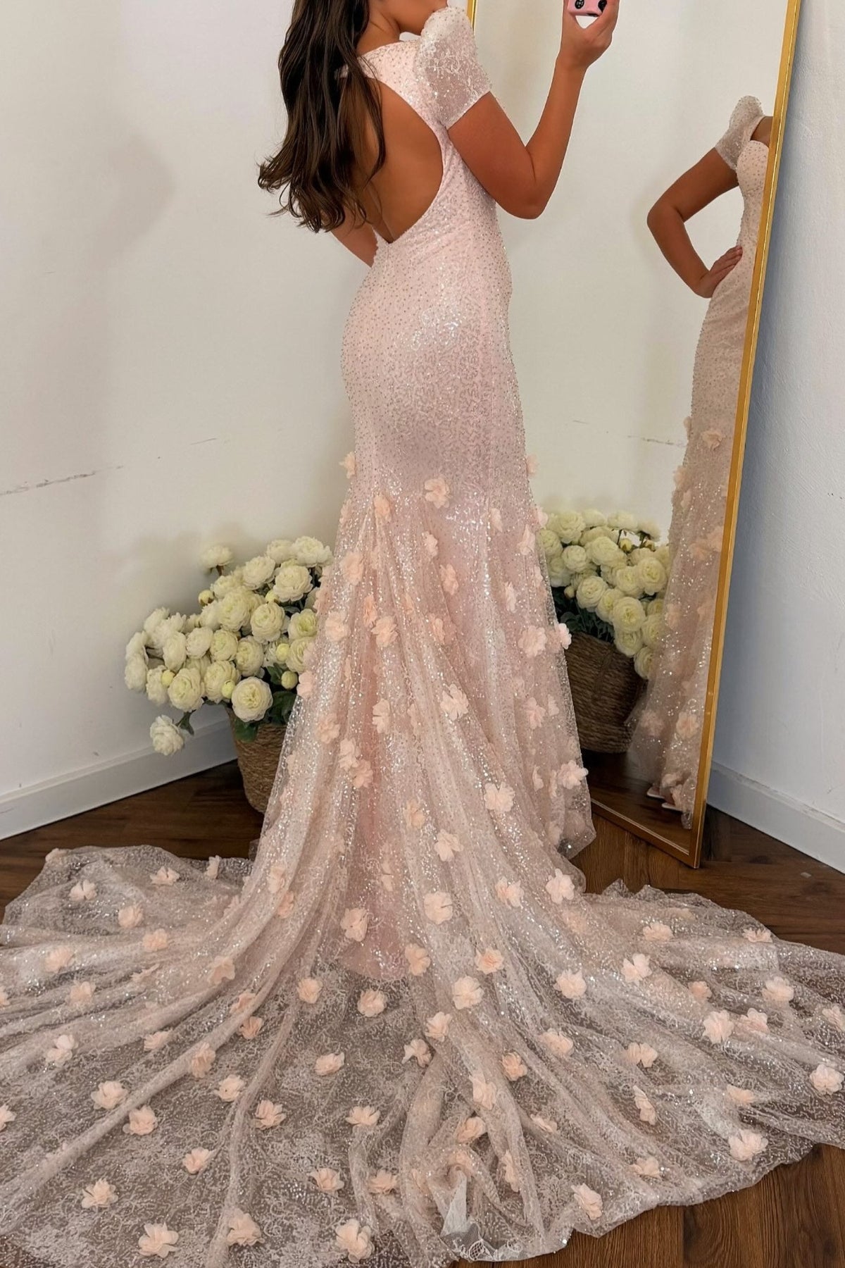 Sequin Mermaid Gown with 3D Flowers