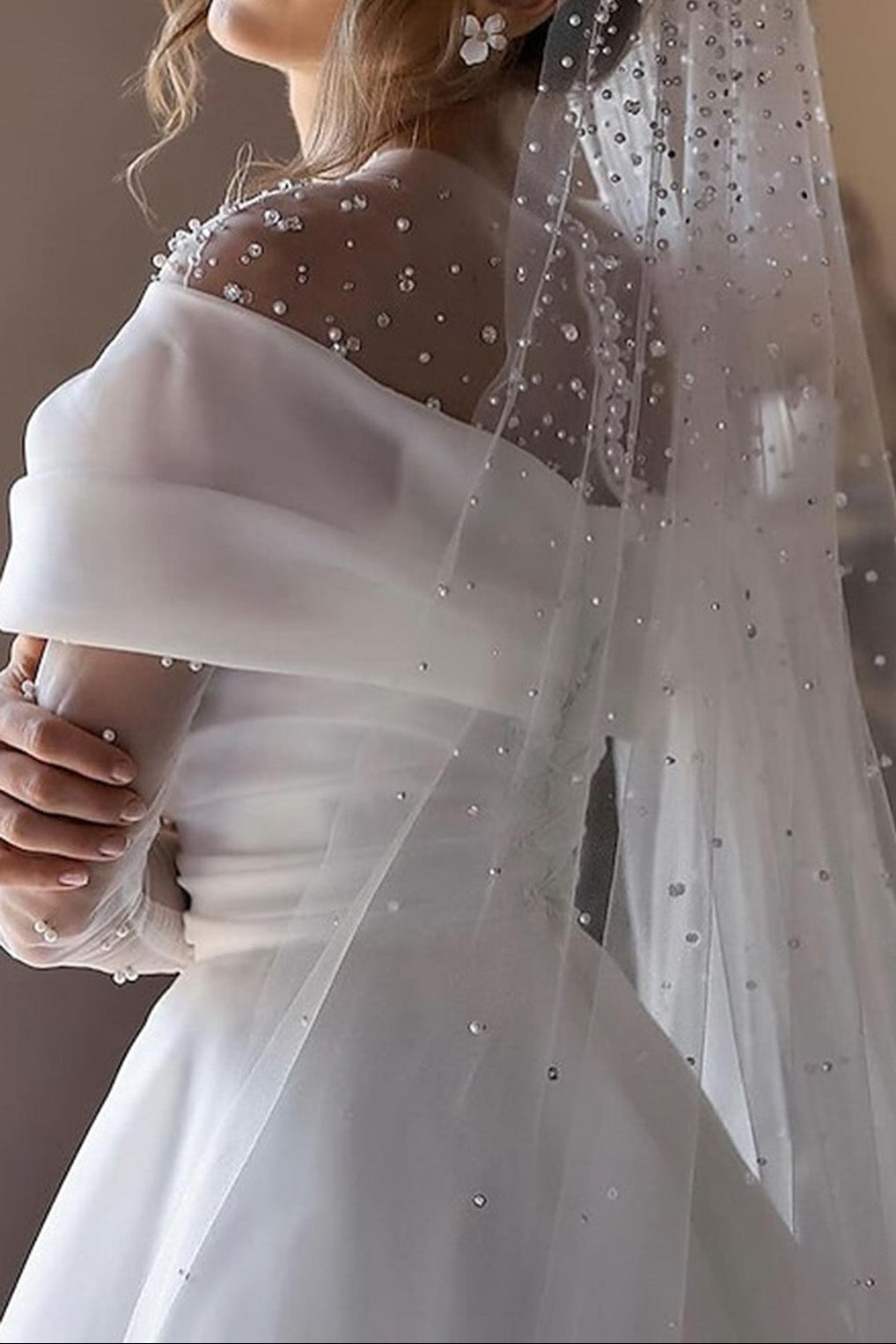 Pearl Illusion Off-the-Shoulder Satin Wedding Dress